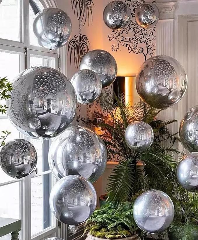 12 Pcs Silver Foil Balloons, 22" 15" 10" 4D Ball Shape Balloons Mirror, Different Size Metallic Silver Balloons for Disco Graduation Birthday Wedding New Year Baby Shower Party decorations Backdrop