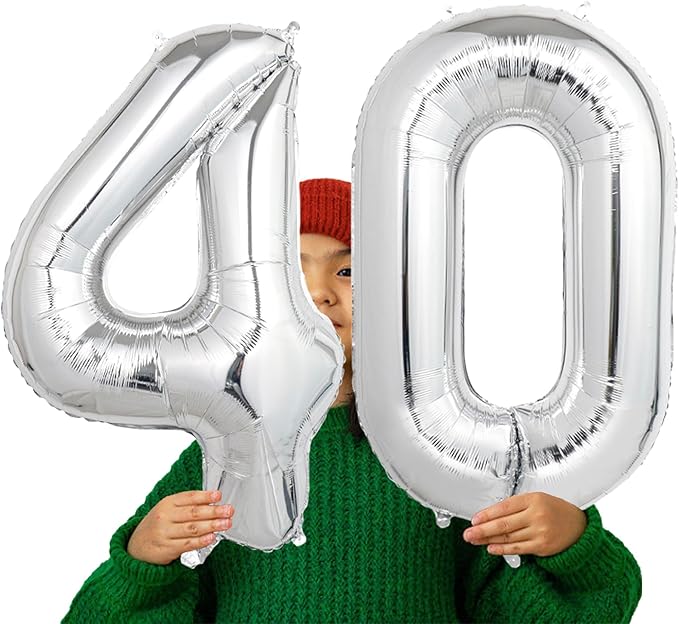 Number Balloons Silver Party Balloon - Giant Number 40 Balloon, 40 Inch Large Balloon for 40th Birthday Decorations, Silver Party Supplies for Anniversary