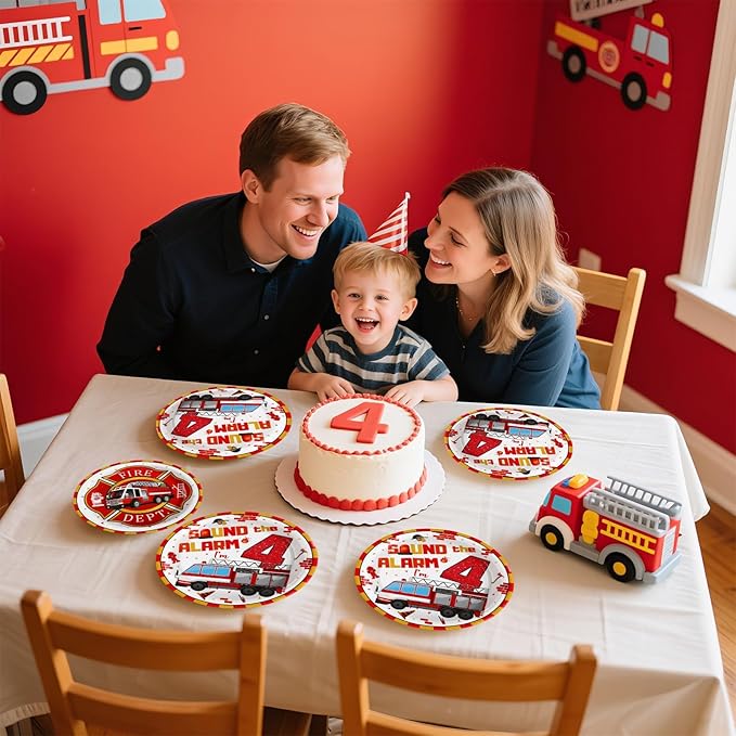Grencian 96Pcs 4th Fire Truck Birthday Party Supplies Sound Alarm 4th Birthday Plates and Napkins Tableware Set Red White Disposable Decoration for 4 Years Old Fire Theme Fireman Firetruck Serve 24