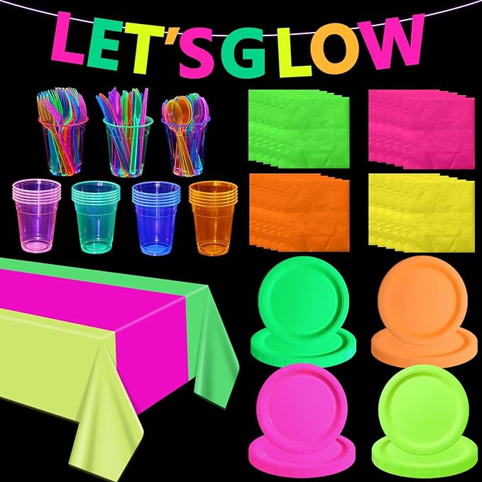 Glow in the Dark Party Supplies, Including Colorful Plates Napkins Tablecloth Banner and Dinnerware for Let's Glow Neon Party Decorations, Serves 20