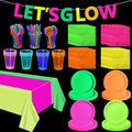 Glow in the Dark Party Supplies, Including Colorful Plates Napkins Tablecloth Banner and Dinnerware for Let's Glow Neon Party Decorations, Serves 20