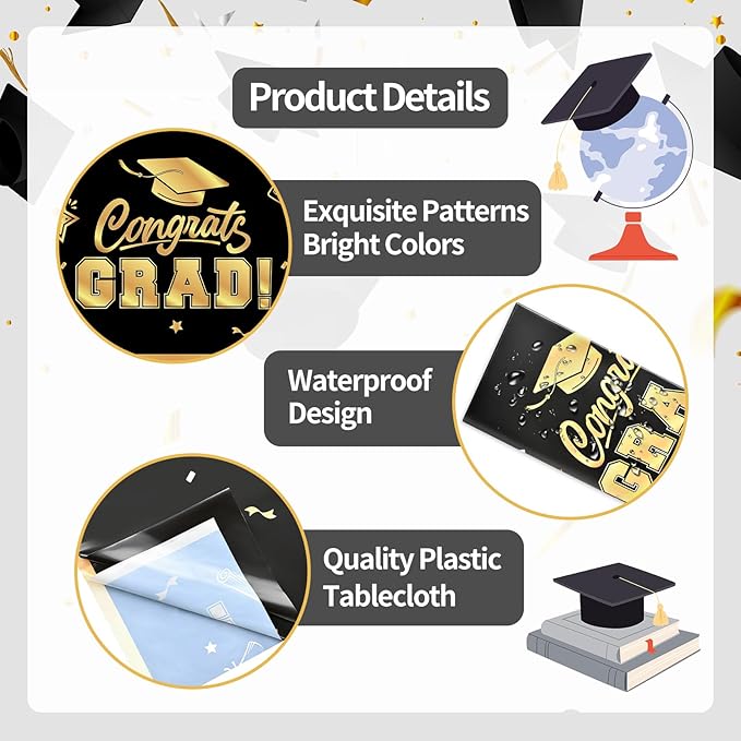 2-Piece 54 x 108 Inch Graduation Plastic Tablecloth – Graduation Disposable Rectangle Table Covers with “Congrats Grad” Design for Class of 2026 Party, School and Home Decorations