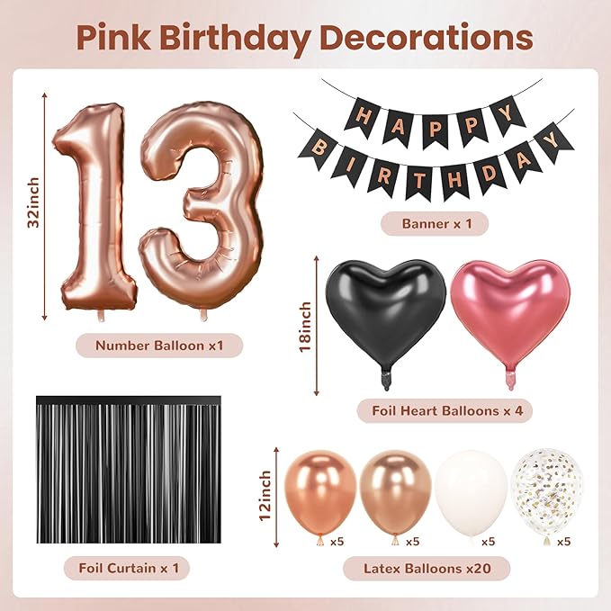 13th Birthday Decorations for Girls - Rose Gold, Black Hot Pink Party Supplies Set with Happy 13th Banner, Number 13 Balloons and Foil Fringe Curtains - 13 Year Old Officially Teenager Celebration Kit
