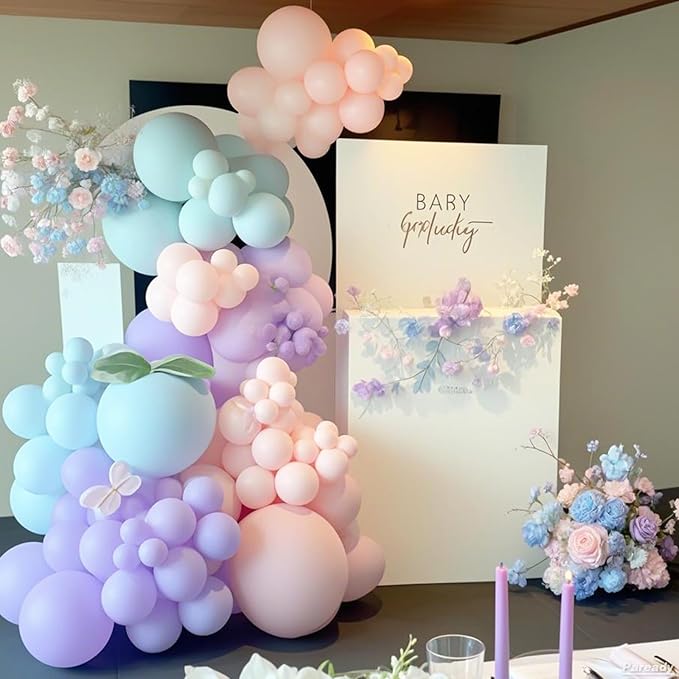 Green Pink Balloon Garland, 120pcs Macaron Green Purple Dusty Pink Kit with Iridescent 4d Foil Balloon Different Sizes For Girl Woman Spring Garden Theme Birthday Baby Shower Party Wedding Decoration