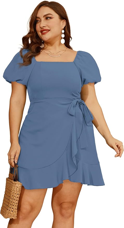 Sampeel Womens Summer Dresses Square Neck Puff Sleeve Tie Waist Short Dress