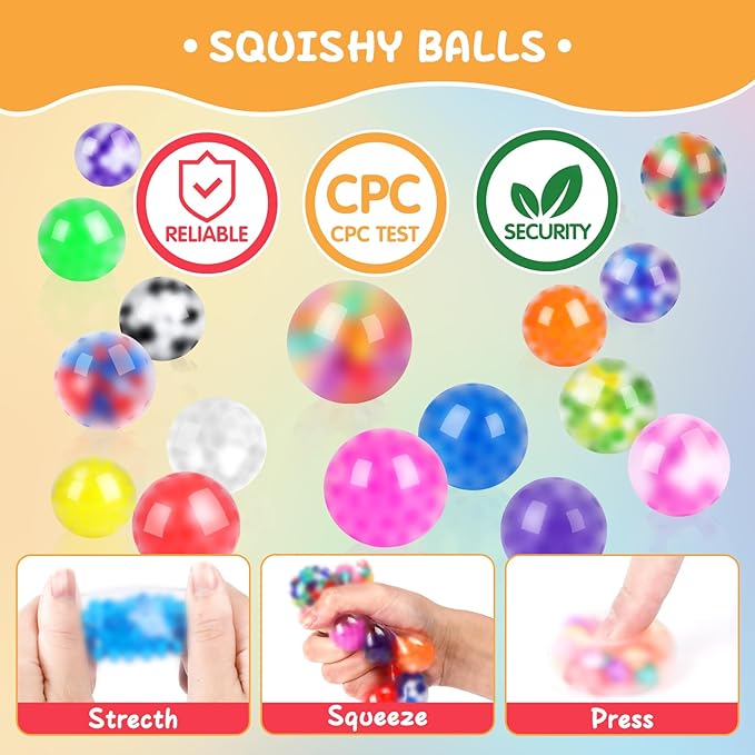 128 Pack Stress Balls for Adults, Bulk Squishy Ball, Bulk Stress Balls Set, Anti-Anxiety and Fidget Balls to Relax, Party Favors, Birthday Gifts, Goodie Bag Stuffers