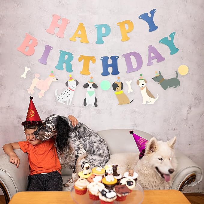 Rainbow Happy Birthday Dog Themed Pennant Banner for Party Decorations for Boys Girls DIY Party Supplies (Color Banner+Dog)