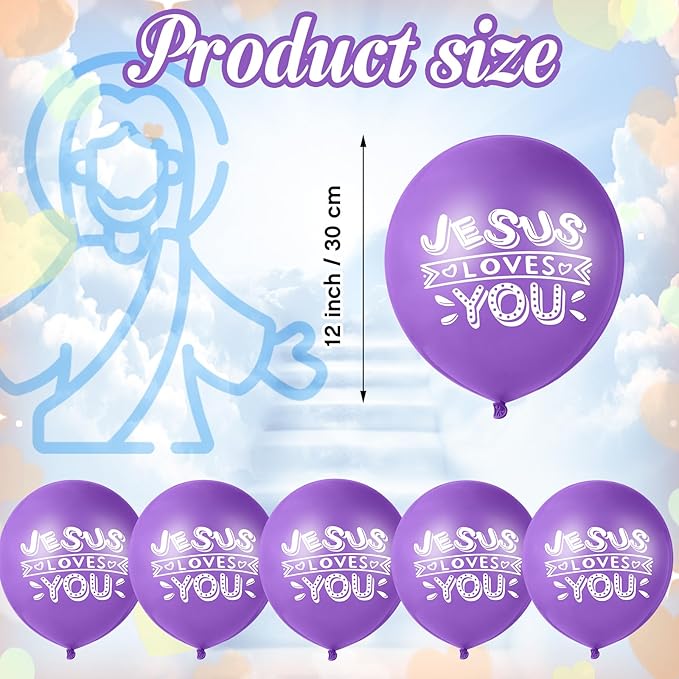 Gejoy Jesus Loves You Balloon 12 Inch Latex Christian Religious Jesus Balloon Party Decor for He Is Risen Party Decor Favor Cross Church Event Birthday Sunday Supplies(Purple,60 Pcs)