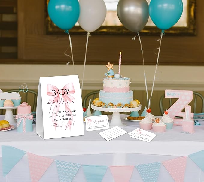 Pink Bow Baby Shower Advice for Parents To Be, Baby Shower Game, Include One 5×7 Sign and 50 Advice Cards, Pink Coquette Bow Gender Reveal Party Decoration Supplies - FH01