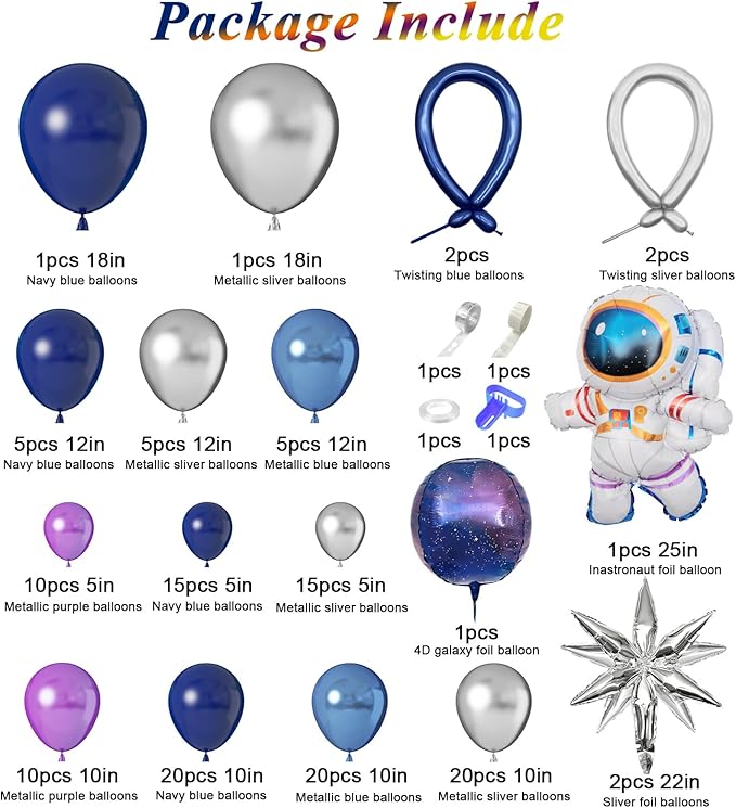 Amandir139pcs Space Balloon Garland Arch Kit Outer Space Birthday Decorations with Blue Purple Silver Galaxy Astronaut Foil Balloons for Boys Themed Birthday Party Decoration Supplies