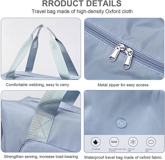 Large Capacity Folding Travel Bag, Lightweight Waterproof Luggage Bag, Expandable Travel Duffel Bag, Dry Wet Separated Gym Tote Bag, Weekender Overnight Bags for Women and Man (Blue)