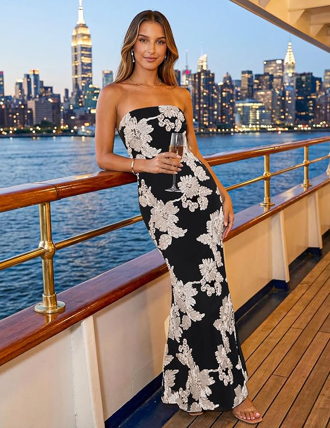 MEROKEETY Women's Floral Strapless Maxi Dress 2026 Summer Mesh Tube Bodycon Formal Wedding Guest Cocktail Party Long Dresses