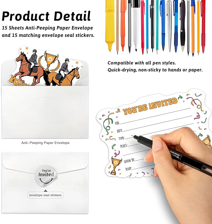 Kentucky Horse Derby Themed Double-Sided Shaped Fill-In Invitations card 15 Sheets with Envelopes, Horse Race Belmont Party Invites, for Teen Boys Girls Adults Birthday Sports Tennis Party