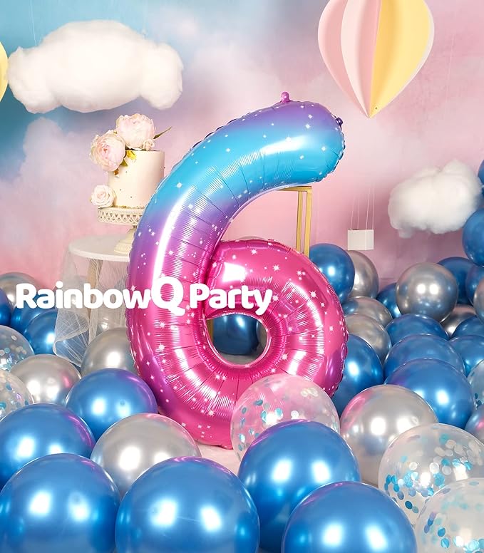 6 Balloon Number 40 Inch for Boy or Girl Big Starry 0-9 Foil Mylar Large 6 Number Balloon Happy 6th Birthday Party Anniversary Decorations Supplies