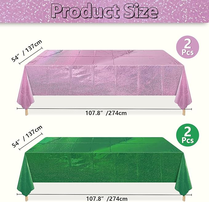 4Pcs Pink Green Holographic Tablecloths Rectangular Iridescent Tablecloth Shimmer Metallic Table Covers for Witch Green and Pink Birthday Decorations, 54 x 108inch