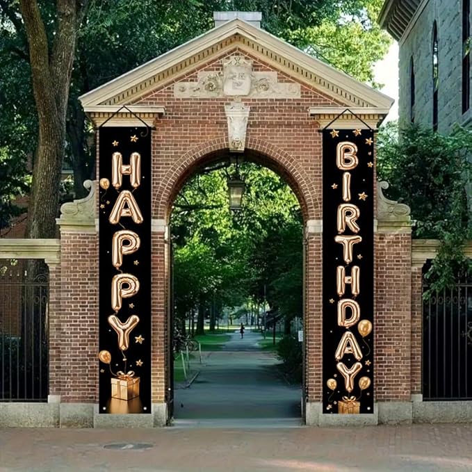 Birthday Decor Banner 12x71 Inches, Happy Birthday Door Hanging Sign, Black and Gold Party Decorations for Indoor Outdoor Celebration