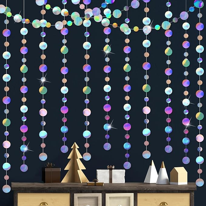 Outus 10 Pieces Round Dots Garland Iridescent Party Decorations Holographic Circle Garlands Each Length 13.1ft Glitter Paper Dot Streamers for Birthday Wedding Classroom (Laser Silver)