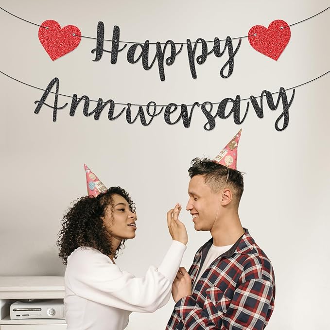 Happy Anniversary Banner, Pre-Strung Party Signs Decorations Glitter Banner for Couple Lovers Weeding Anniverniversary Party Decorations (Black)