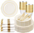 Liacere 350PCS Ivory Plastic Plates - Cream Disposable Plates With Gold Rim - 50Guest Baroque Plastic Dinnerware include 100 Plates - 50 Pack Pre Rolled Napkins Silverware 50Cups for Wedding＆Easter