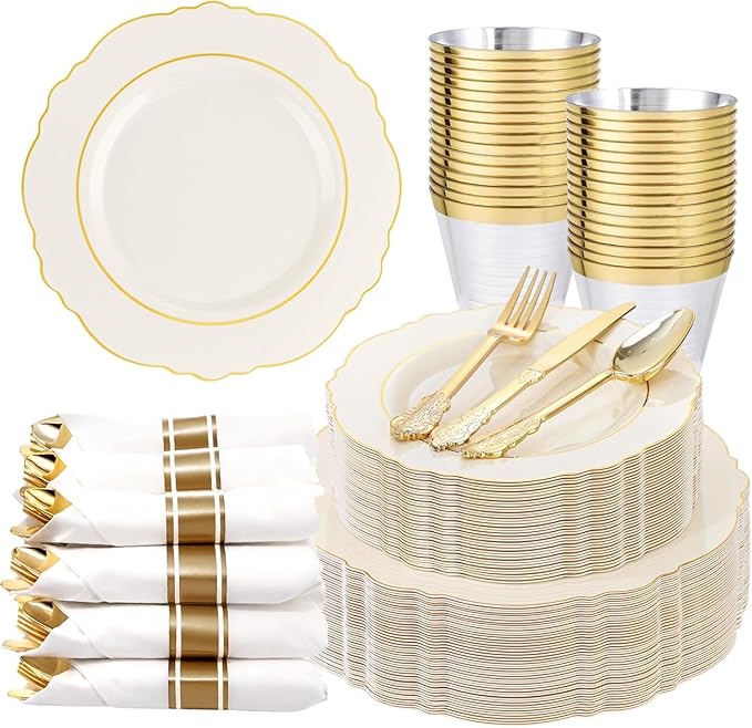 Liacere 350PCS Ivory Plastic Plates - Cream Disposable Plates With Gold Rim - 50Guest Baroque Plastic Dinnerware include 100 Plates - 50 Pack Pre Rolled Napkins Silverware 50Cups for Wedding＆Easter