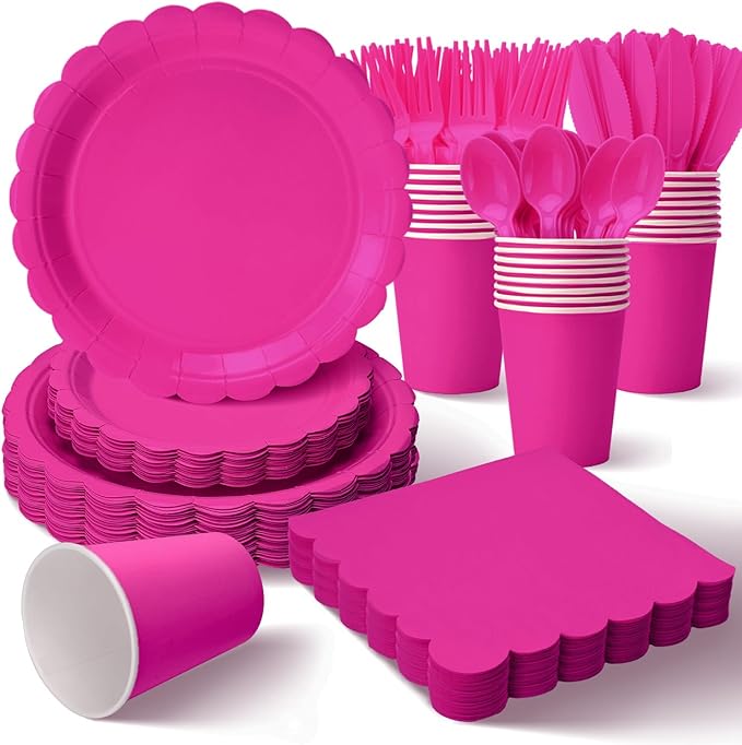 Vyntra 350 Pcs Hot Pink Disposable Paper Plates and Napkins Set for 50, 9" Dinner Plates & 7" Dessert Plates, Tableware for Birthday, Bachelorette, Party