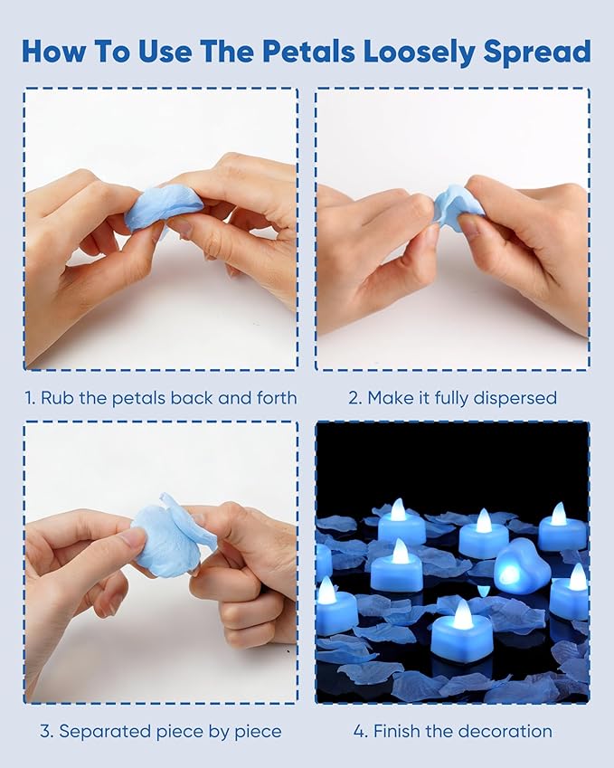Amagic 1000 Pieces Light Blue Artificial Rose Petals with 12 Light Blue LED Tea Lights, Rose Petals and Candles Set for Proposal, Anniversary, Romantic Night, Wedding Decor