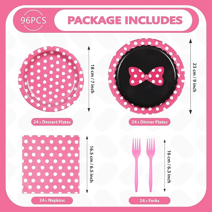 96Pcs Pink Mouse Party Supplies Xmas Cartoon Mouse Paper Plates and Napkins Tableware Sets Pink White Polka Dot Bow Decorations for Kids Girls Birthday Baby Shower Cute Cartoon Theme Party Serves 24
