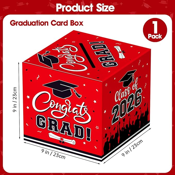 Graduation Card Box 2026 - Congrats Grad Card Boxes Holder, Red Class of 2026 Graduation Gift Cards Box for Graduation Party Decorations 2026 Favors Decor Supplies Props,9x 9 x 9 inches