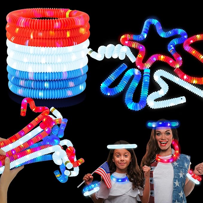 Patriotic Accessories Toys Gifts for Kids ＆ Adults 9 PCS, Red White Blue Light up Pop Tubes Neon Bracelets Necklaces for Parade Throws, USA Party Favors Supplies Decorations for Labor Veterans Day