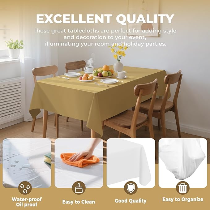 6 Pack Premium Disposable Plastic Tablecloth 54" x 108" Party Table Cloths Disposable for 6 to 8 Foot Tables Indoor or Outdoor Birthdays Weddings Christmas Anniversary Buffet Table (Gold)