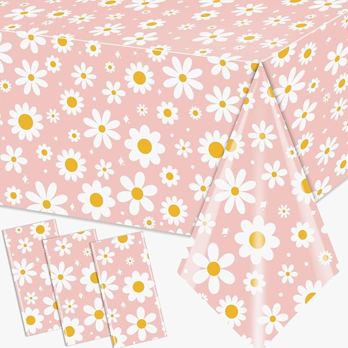 3Pack Tablecloth, Groovy Daisy Table Cover Pink Flower Birthday Party Decoration, Plastic Retro Hippie Boho Daisy Party Table Cloths for Girl Birthday Baby Shower Wedding Supplies