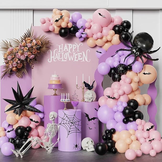 166pcs Pink Black Purple Halloween Balloon Garland Arch kit, Scary Spider Happy Halloween Baby Shower Party Decorations with 3D Bat Stickers for Girls Spooky Birthday BOO Day Party Supplies