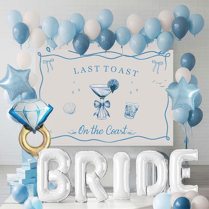 Last Toast on the Coast Bachelorette Decorations Blue bridal shower Blue Balloon Garland Kit with Backdrop Huge 40 inch BRIDE letter Diamond Ring balloons for Hen Party Wedding Engagement supplies