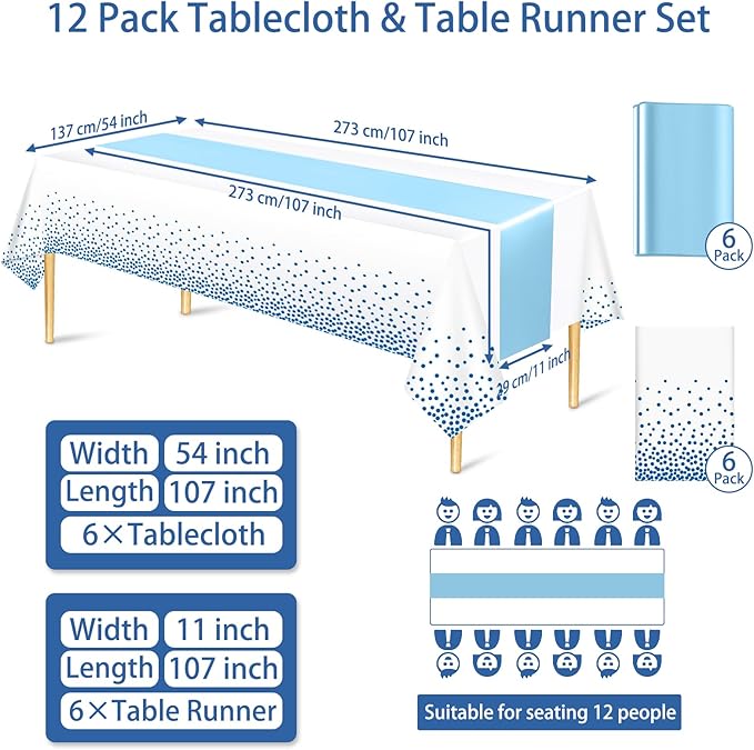 12 Pack Tablecloth and Table Runner Set Party Decorations, White and Blue Plastic Disposable Tablecloth and Satin Table Runner for Wedding Birthday Party (Blue)