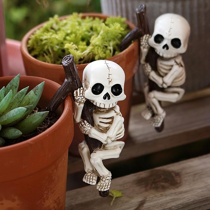 Halloween Skeleton Garden Statue Outdoor Halloween Decor, 2 Pack Gothic Decor Skeleton Plant Decorations for Pots, Cute Ghost Figurine Resin Sculpture for Desk Garden Patio Lawn Yard (C)