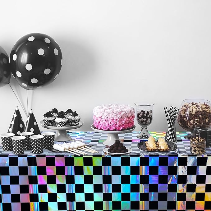 3Pack Black and Iridescent Checkered Plastic Tablecloth, Shiny Disposable Laser Rectangle Table Covers, Holographic Foil Tablecloth Iridescent Party Decorations for Picnic Camping Race Car, 54x108Inch