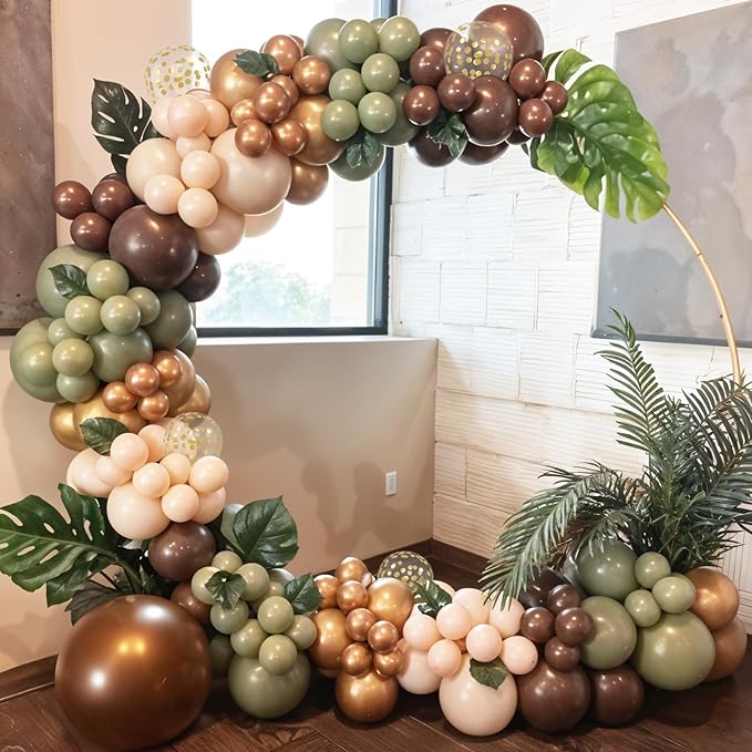 Woodland Balloon Arch Kit, Sage Green Brown Nude Metallic Confetti Gold Deer Foil Balloons with Palm Leaves for Boy Baby Shower Decoration Safari Jungle Birthday Party Gender Reveal
