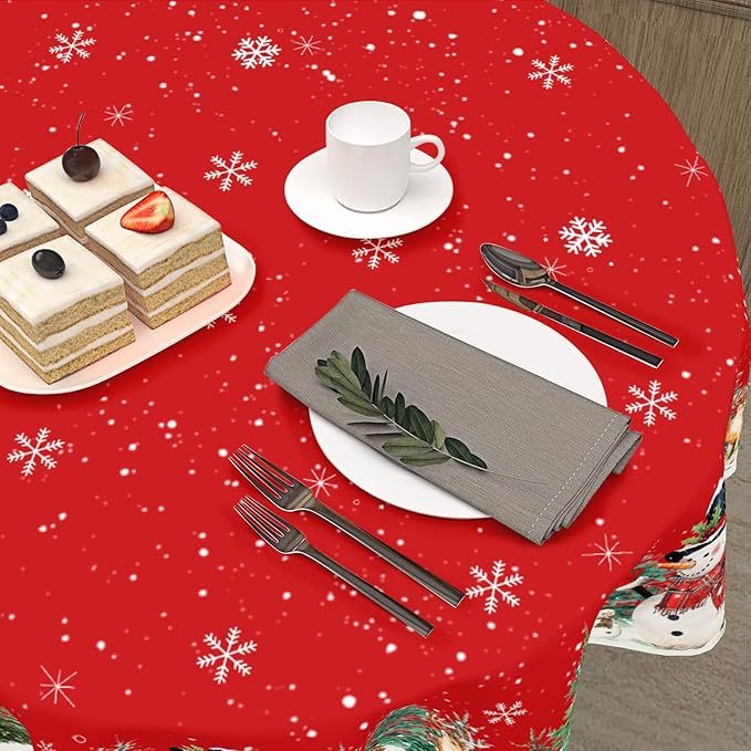 Christmas Tablecloth Round 60 Inch Red Winter Snowman Snowflake Table Cloth Farmhouse Xmas Tree Snow Table Cover for Kitchen Dinner Room Holiday Party Indoor Outdoor Home Christmas Decor