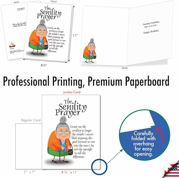 NobleWorks - 1 Humorous Birthday XL Greeting Card w/Envelope 8.5 x 11 Inch - Funny Sympathy Old Lady With A Birthday Prayer Guide for the Senile - Happy Bday Card - Senility Prayer J9046BDG