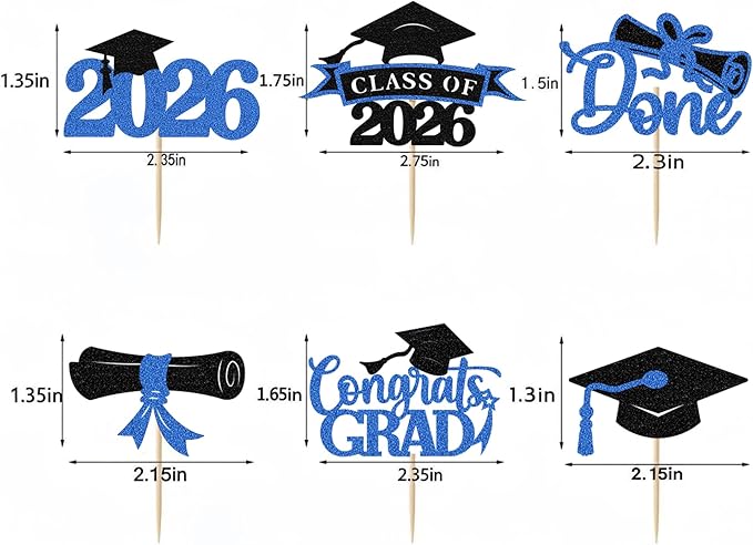 2026 Graduation Cupcake Toppers, 36 pack Blue Glitter Class of 2026 Congrats Grad Diploma Grad Cap Cupcake Picks for 2026 Graduation Party decorating Supplies