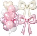 Pink and Cream Heart Balloons, 38 Inch Bow Balloons, White Metallic Pink Confetti Balloon with Bow Ribbons for Girls Women Birthday Wedding Bridal Baby Shower Valentines Day Decorations