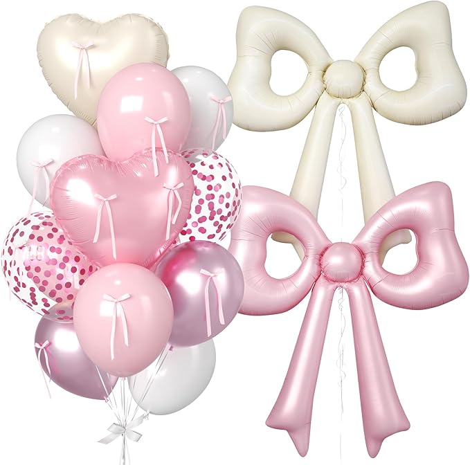 Pink and Cream Heart Balloons, 38 Inch Bow Balloons, White Metallic Pink Confetti Balloon with Bow Ribbons for Girls Women Birthday Wedding Bridal Baby Shower Valentines Day Decorations