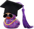 wonuu Car Dashboard Decor Graduation Hat Color Rubber Duck, Car Ducks Ornaments with Mini Graduation Hat Necklace Sunglasses (Glitter, Dark Purple)