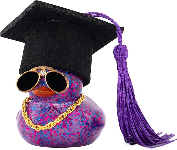 wonuu Car Dashboard Decor Graduation Hat Color Rubber Duck, Car Ducks Ornaments with Mini Graduation Hat Necklace Sunglasses (Glitter, Dark Purple)