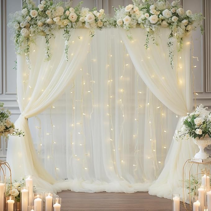 10x10ft Ivory Tulle Backdrop Curtain with Lights String for Parites, Sheer Photo Backdrop Curtain Drapes for Wedding Baby Shower Birthday Party Photo Shoot Decorations