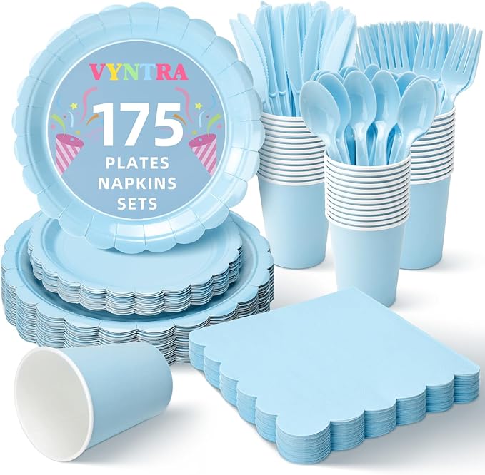 Vyntra 175 Pcs Light Blue Disposable Paper Plates and Napkins Set for 25, 9" Dinner Plates & 7" Dessert Plates, Tableware for Baby Shower, Birthday, Picnic, Party