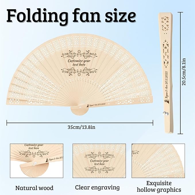 10Pcs Personalized wedding fans for guests, Custom Summer Wedding Fans, Unique Bridal Shower Party Favors, Handcrafted Wooden Fans for Guests (Hollow wooden fan)