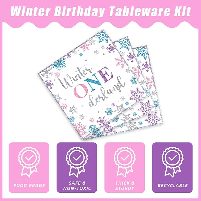 96pcs Winter Onederland Birthday Plates and Napkins Set, Pink and Silver Snowflake Winter Onederland 1st Birthday Party Supplies Decorations Snowflake for Baby Girls, Serves 24