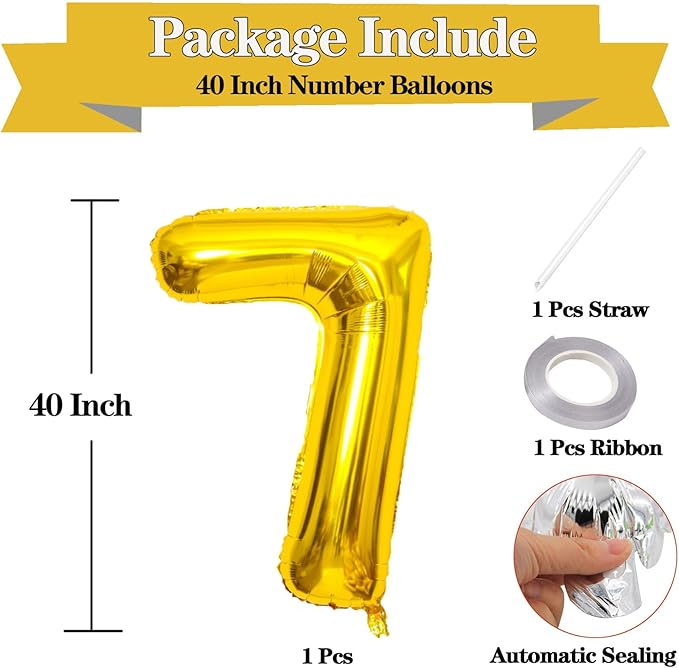 40 Inch Large Gold Number 7 Letter Balloon, Alphabet Letter Mylar Foil Helium Big Number Balloons for Birthday Anniversary Party Graduations Festival Decorations