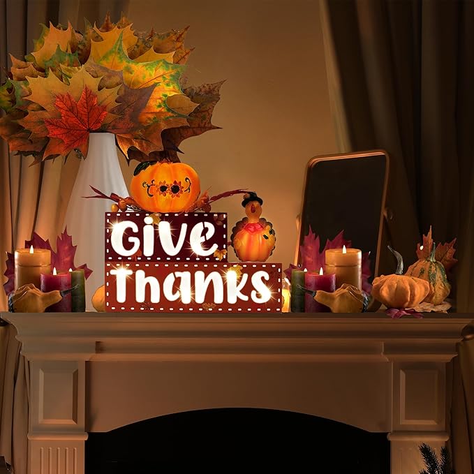 BlcTec Thanksgiving Decorations for Home, Lighted Thanksgiving Wood Block Sign with 3D Letters, Pumpkin, Turkey, Maples, Fruit, Timer, Battery Operated Thanksgiving Sign for Table, Mantle, Shelf Home Décor